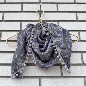 Rising Tide Scarf Wrap Shawl Pom Fringe Lavender Purple Olive Green Paisley Boho